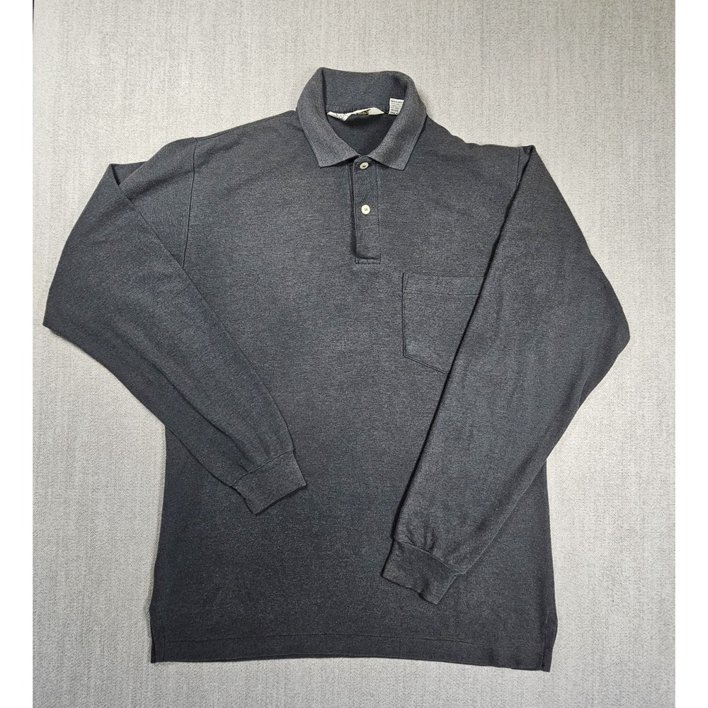 Vintage RHM Classic Men's 3 Button Polo Chest Pocket Long Sleeve Gray Sz Medium